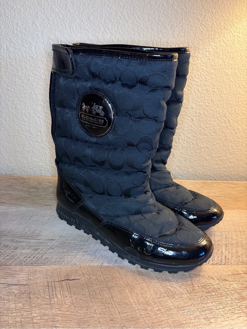 Coach JORDY Designer Patent Leather Women Snow Winter Boots Black Signature 8B